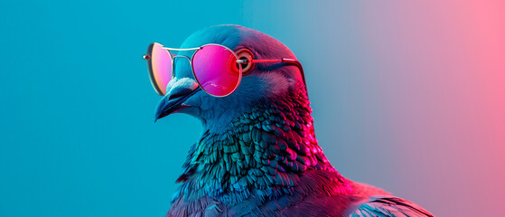 a pigeon wearing sunglasses in front of a colorful background