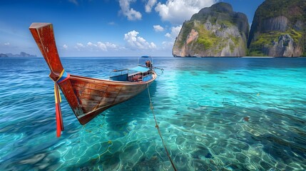 Traditional Wooden Boat Anchored in Crystal Clear Waters