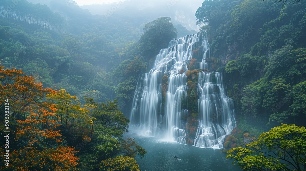 Sticker Mesmerizing photograph of a cascading waterfall surrounded by lush foliage, with a distant view of smog and pollution, illustrating the impact of climate change on water sources. high resolution