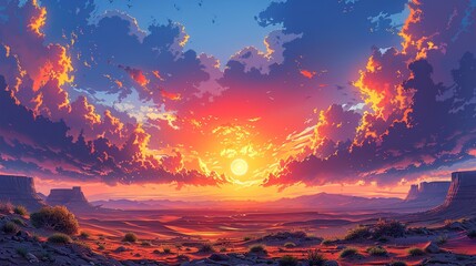 Naklejka premium Dramatic image of a sunset over a desert landscape with shifting weather patterns, capturing the harsh and evolving conditions of arid environments due to climate change. high resolution