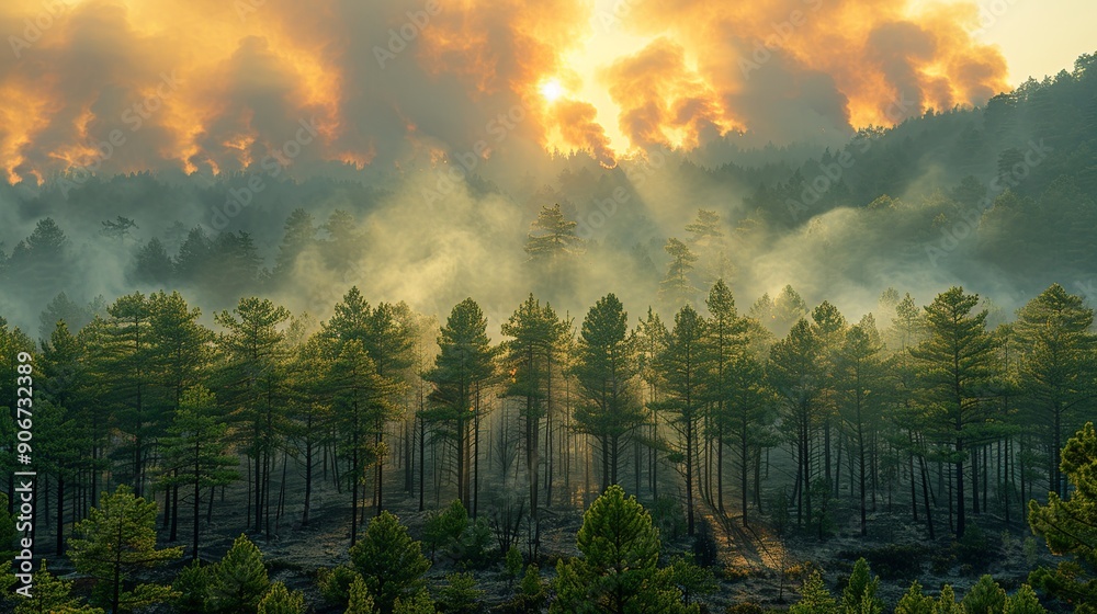 Poster Captivating image of a forest bathed in early morning sunlight with a backdrop of smoke from distant fires, showcasing the impact of climate change on natural habitats. high resolution Illustration,