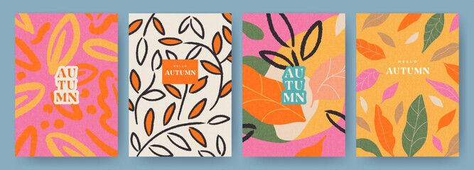 Set of trendy art style abstract autumn poster, cover, card with bright beautiful leaves and plants. Fall background, Sale banner, or flyer design. Template for advertising, web, social media, print