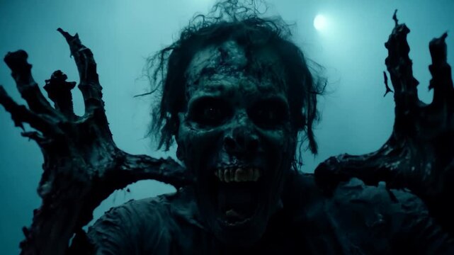 Horrifying ghoul with a skeletal face screams and raises clawed hands in a foggy, eerie atmosphere. Perfect for horror, thriller, and halloween projects