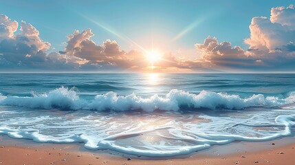 Captivating scene of a beach with gentle waves and a bright sun, contrasted with storm clouds on the horizon, reflecting the beauty and vulnerability of coastal ecosystems. high resolution