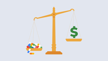 Healthcare costs. Balance scale with colorful pills on one side and a dollar symbol on the other. Medication pricing and treatment expenses concept. Modern vector illustration. Simplicity metaphor.