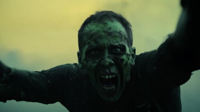 Menacing zombie aggressively lurches forward in a foggy, dystopian setting, creating a chilling horror scene. Dark, eerie, and atmospheric, this undead creature is sure to terrify viewers