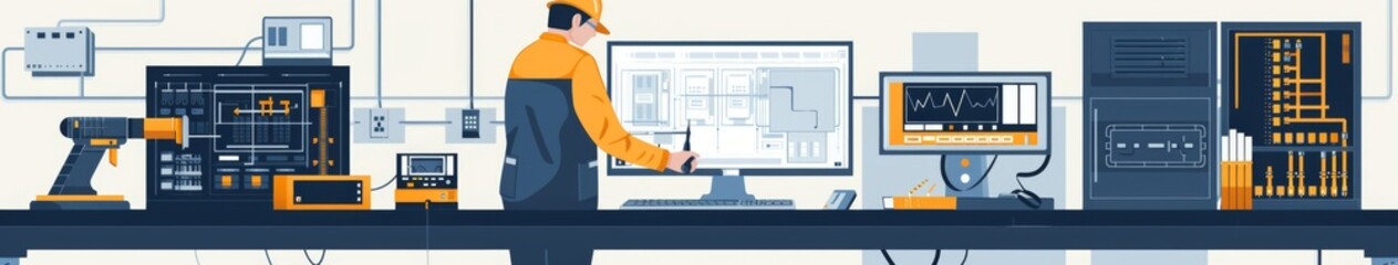 Vector Graphic of a Technician Diagnosing and Calibrating a Computer with a Multimeter, Isolated on White Background for Precision and Clarity