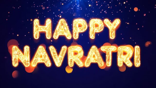 Celebrate navratri with a vibrant, glowing text animation against a dark backdrop. Festive bokeh lights create a joyous atmosphere for this hindu cultural tradition