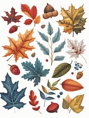 Collection of fallen autumn leaves and acorns on the ground