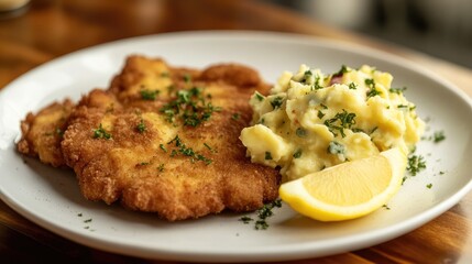 Traditional German schnitzel with a side of potato salad and lemon wedge.