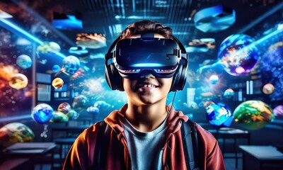 School, Boy Exploring Virtual Universe with Headset