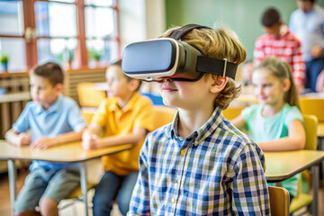 Boy wearing virtual reality glasses smiling in a classroom with other students. Engaging educational technology and immersive learning experience in a modern school setting.