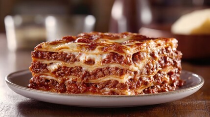 Traditional Italian lasagna with layers of pasta, meat sauce, and cheese.
