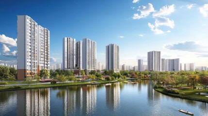 City flat design side view urban development theme water color vivid
