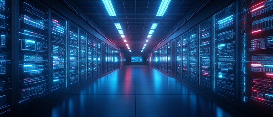 Obraz premium Futuristic control room in a hightech plant, where engineers monitor production via digital interfaces