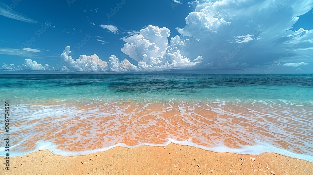 Sticker Captivating photograph of a serene beach with clear blue skies, contrasted with distant storm clouds, emphasizing the unpredictable weather patterns affecting coastal areas. high resolution