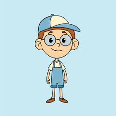 Smiling kid boy with cap and glasses cartoon vector illustration on white background.