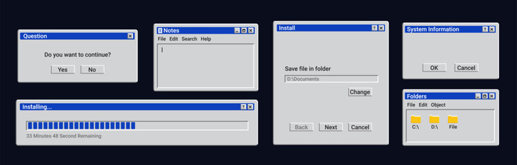 Set of old window messages. Retro loading bar on screen. Vintage explorer interface with folders.