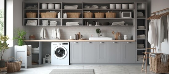 Modern Laundry Room with White Washer and Grey Cabinets