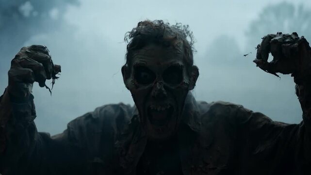 Terrifying zombie emerges from misty fog at dawn, brandishing decaying hands in a chilling post-apocalyptic horror scene in a misty field