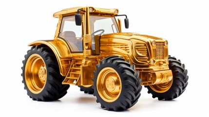 Obraz premium Golden tractor with big wheels isolated on white. Neural network ai generated art