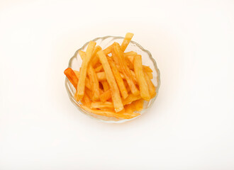 French fries in a glass cup. Fried potato.