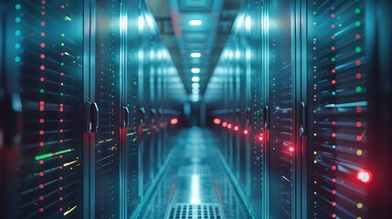 Fototapeta premium Illuminated server racks line a corridor in a data center, showcasing vibrant lights and high-tech equipment during nighttime operations.