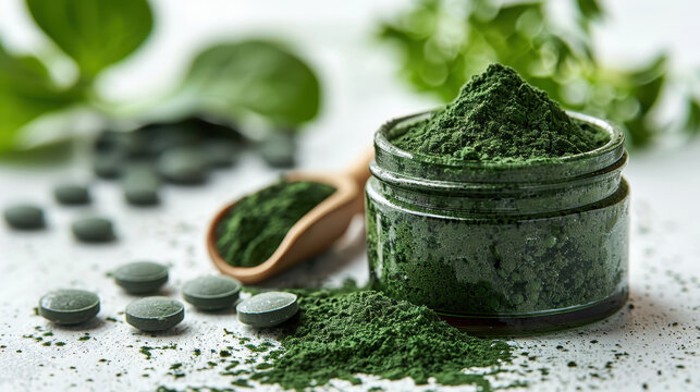 Close-up of green spirulina powder in a jar with tablets and a wooden spoon on a white surface, showcasing its natural health benefits.