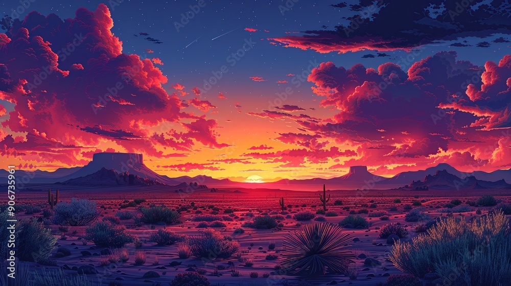 Sticker Dramatic photograph of a sunset over a desert with changing weather patterns, showcasing the extreme conditions and impacts of climate change on arid landscapes. high resolution Illustration, in the