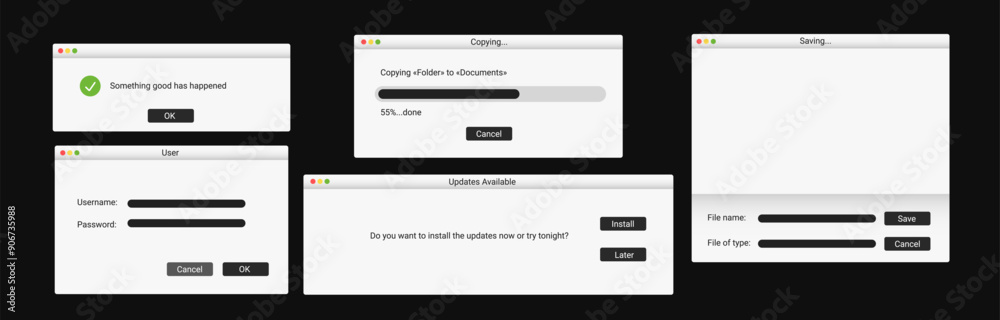 Poster set of modern computer window. successful message on screen. notification on desktop.