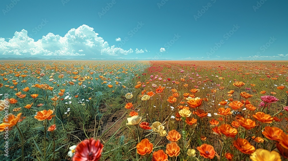 Wall mural Beautiful scene of a vibrant field of flowers under a clear blue sky, transitioning to a drought-stricken landscape, capturing the effects of climate change on plant life. high resolution