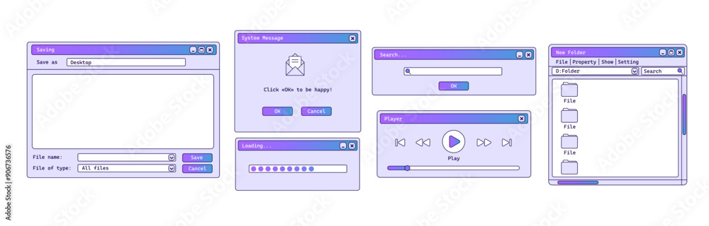 Poster set of old windows with gradient. purple music player on computer. retro file explorer program.
