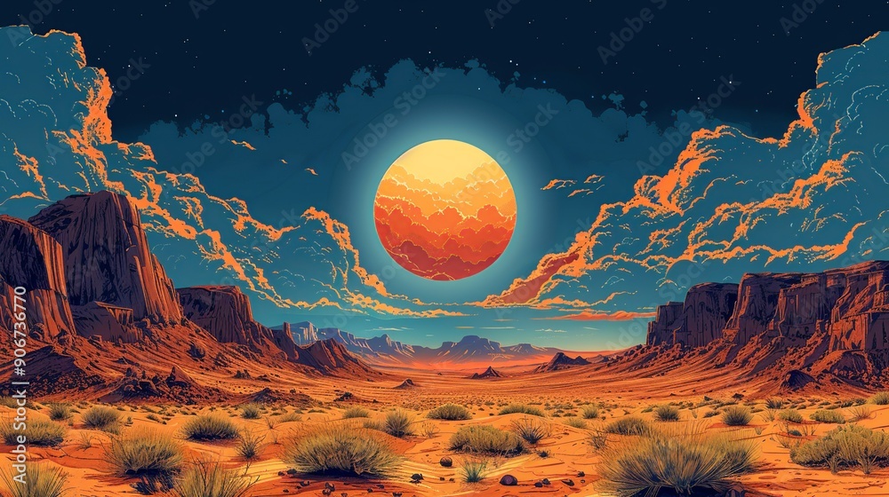 Wall mural Stunning photograph of a desert landscape under a blazing sun with shifting weather patterns, emphasizing the extreme conditions and impacts of climate change on arid areas. high resolution