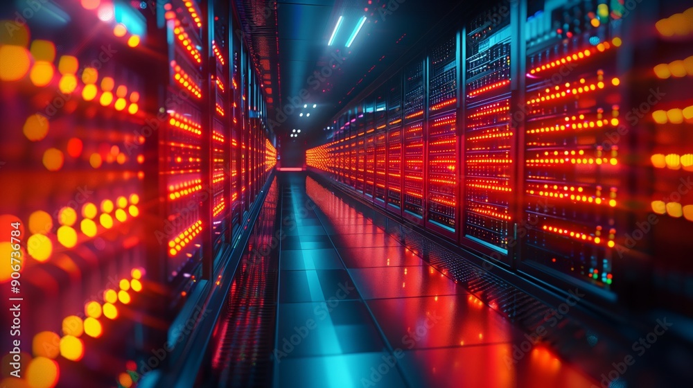 Poster A corridor in a data center showcases rows of glowing LED lights creating a dynamic display of color in a high-tech environment.