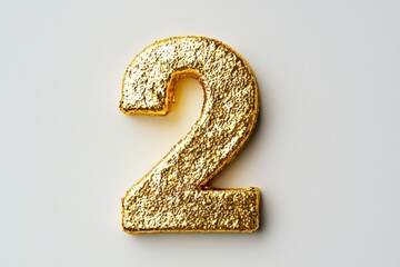 the number two / 2 made out of gold - isolated top view product photo on white background