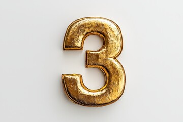 the number three / 3 made out of gold - isolated top view product photo on white background