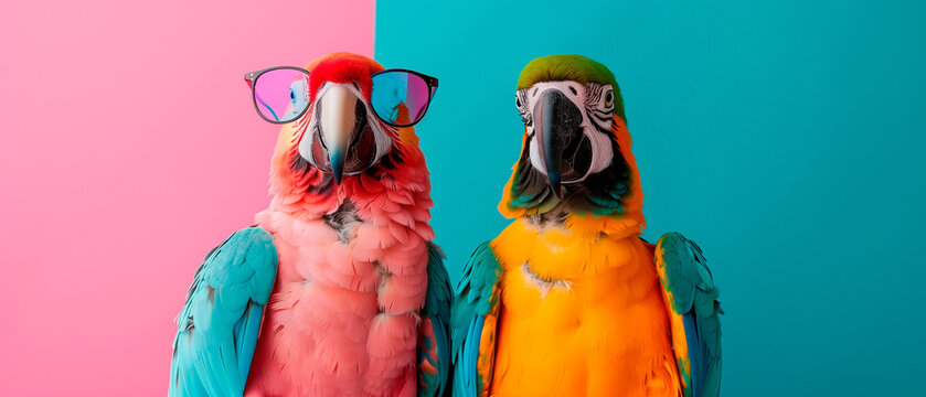 two parrots wearing sunglasses in front of a colorful background