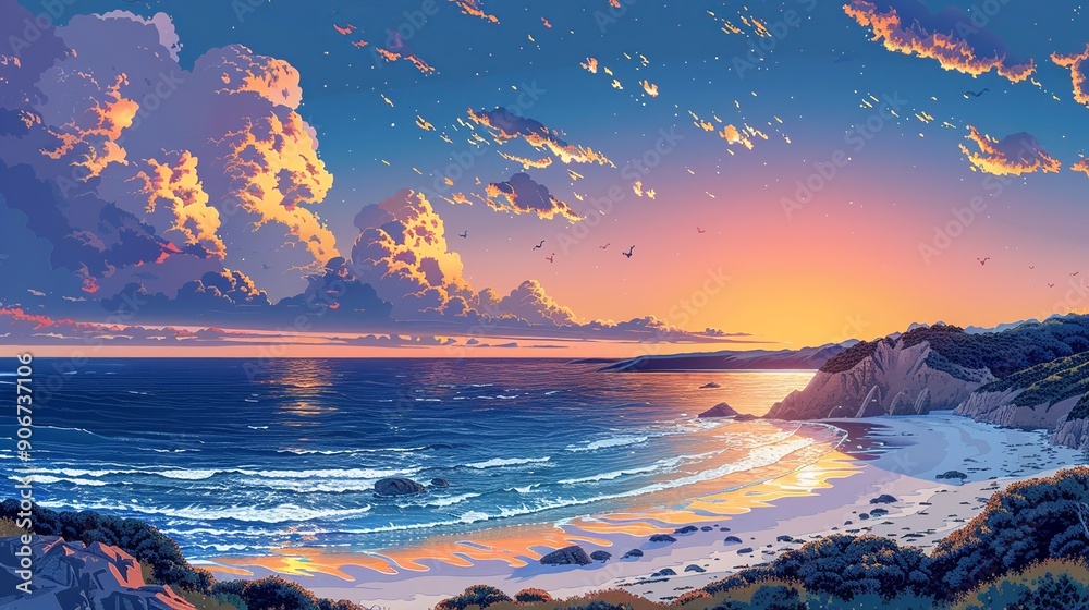 Poster Dynamic scene of a coastal beach at sunset with a sky transitioning from clear to stormy, showcasing the effects of climate change on coastal and marine environments. high resolution Illustration, in