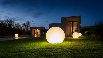 Garden architecture by night with glowing spheres in grass, architecture, construction, modern garden