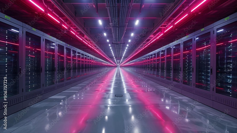 Poster a modern data center features rows of servers illuminated by vibrant neon lights creating a striking