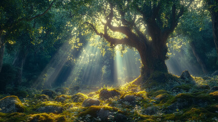 Obraz premium Sunbeams are illuminating a clearing in a lush green forest
