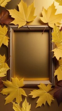 Autumn vertical flat composition with gold frame and space for text. Autumn background with flying yellow maple leaves, top view. School season, discounts, banner