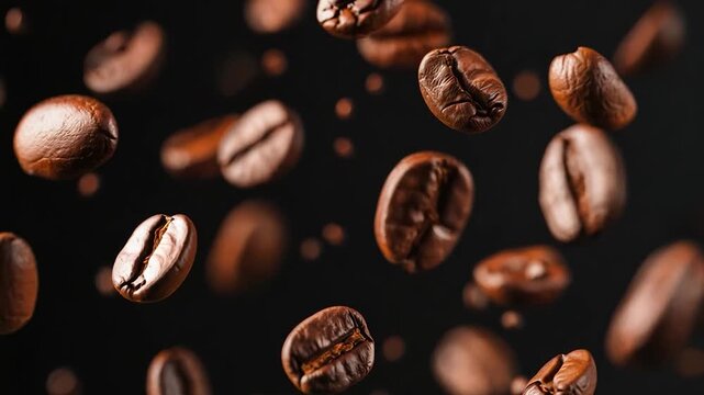 Close-Up of Roasted Coffee Beans Floating Against a Dark Background in a Studio Setting