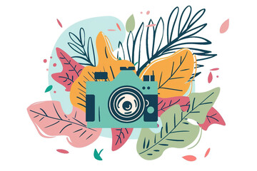 Fototapeta premium Adorable Camera Illustration for World Photography Day: Leaves, Doodle Art, Flat Colors on a Clean White Background