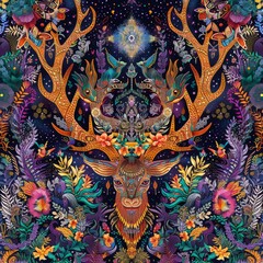 maximalist pattern with whimsical motifs of mythical creatures, enchanted forests, and celestial elements 