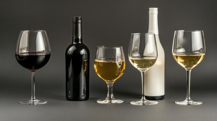 An assortment of wine bottles and glasses showcases different types and colors of wine in an elegant setup