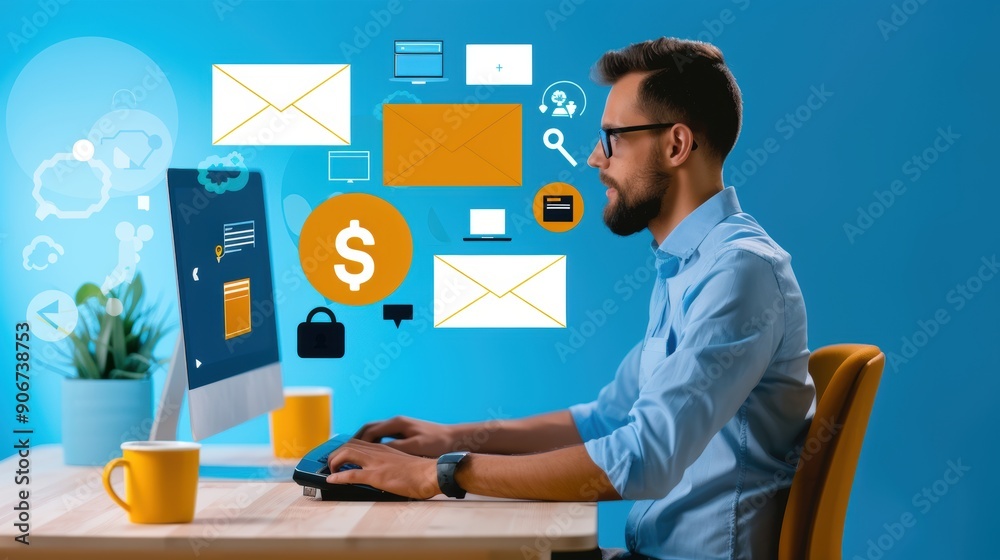 Poster a man is sitting at a desk with a computer monitor and a keyboard. the monitor has a lot of differen
