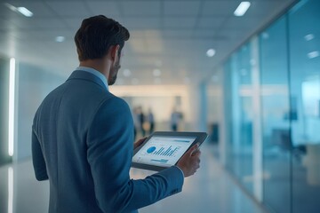 Businessman Studying Financial Data on Tablet in Office