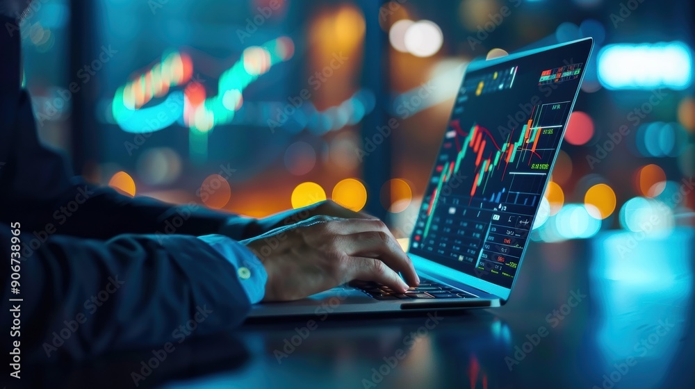 Poster a man is typing on a laptop computer with a screen displaying financial data. concept of focus and c