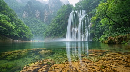 Captivating photograph of a serene waterfall with a clear pool and a distant smoky haze, illustrating the impact of climate change on water sources and natural habitats. high resolution Illustration,